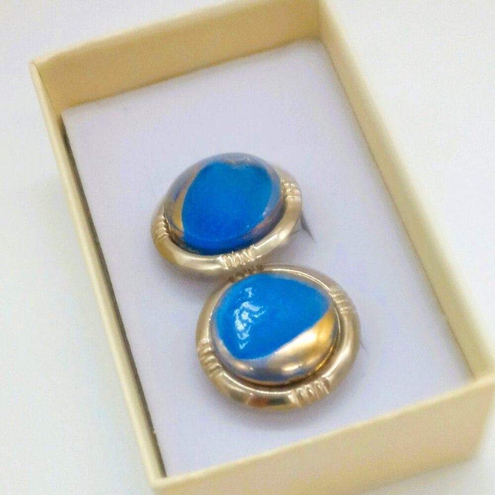 Blue Molded Glass Vintage Cufflinks Gold Etched Round Unique Mens Jewelry